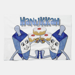 Hanukkah Dancing Dreidels and Jelly Doughnuts Tea Towel