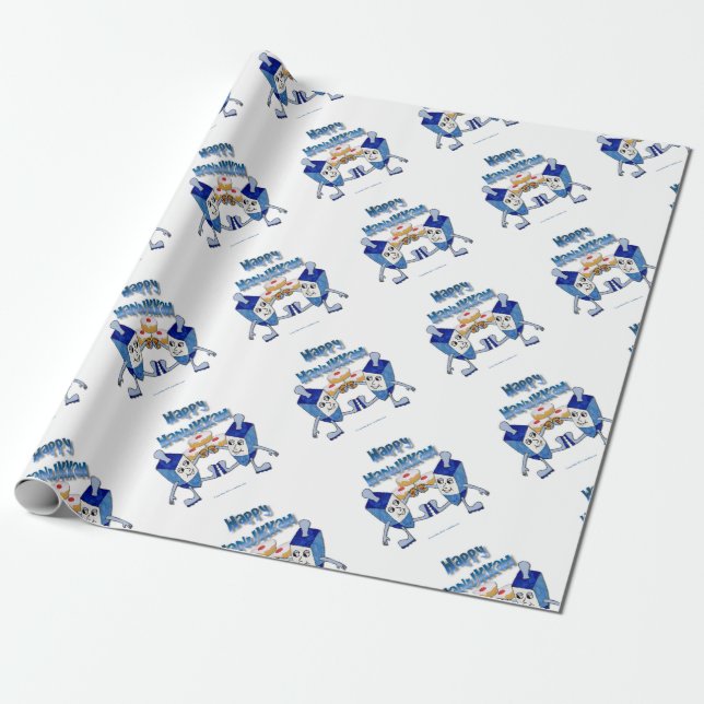 Hanukkah Dancing Dreidels and Jelly Doughnuts Wrapping Paper (Unrolled)