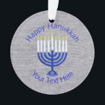 Hanukkah Dark Blue Menorah Chrismukkah Bling Ornament<br><div class="desc">Perfect for remembering a special event this year, this custom blue, white and silver Happy Hanukkah ornament is ready to hang from a window, the stairs or on the Chanukkah tree. Your personalised blue text is on one side and a larger version of the dark blue Menorah with white candles...</div>