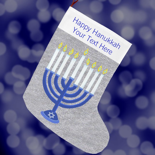 Hanukkah Dark Blue Menorah Silver Chrismukkah Large Christmas Stocking (Add your custom text to this Happy Hanukkah Christmas stocking and celebrate interfaith holidays)