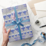 Hanukkah Dark Blue Menorah Silver Personalised Wrapping Paper<br><div class="desc">Elegant personalised Happy Hanukkah wrapping paper with a faux silver fabric background. Dark blue Menorahs with a white Star Of David motif feature your custom text. Visit my store to see the matching gift wrap supplies such as gift tags, gift bags, ribbon and tissue paper. Wrap your Hanukkah Holiday gifts...</div>