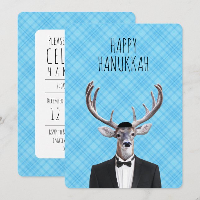 Hanukkah Deer with Tux and Yarmulke Invitation (Front/Back)