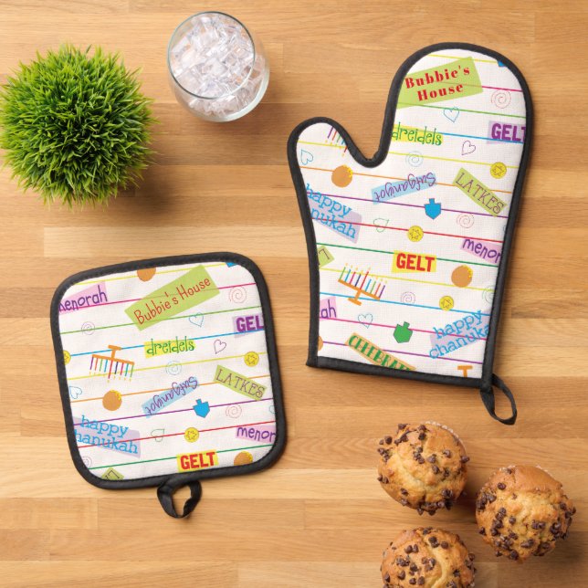 Hanukkah Design Party Oven Mitt & Pot Holder Set (Top Down)