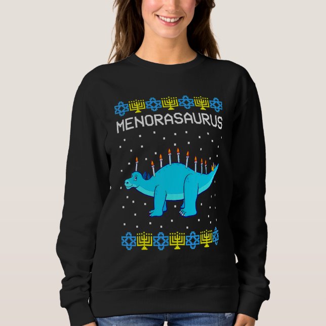 Hanukkah Dinosaur Menorasaurus Ugly Sweater   Dino (Front)