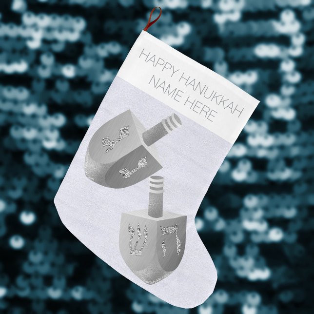 Hanukkah Dreidel Faux Silver Sparkle Chrismukkah Large Christmas Stocking (Silvery dreidels on this Hanukkah Christmas stocking are a festive touch for interfaith celebration )