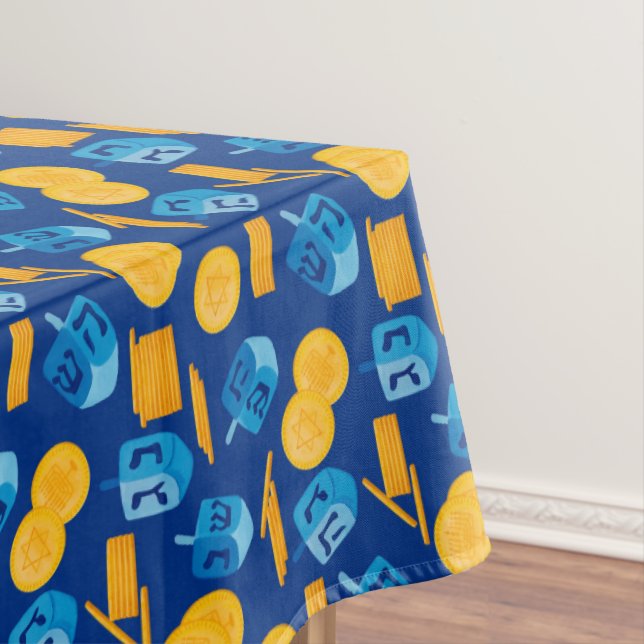 Hanukkah Dreidel Game Gelt Dark Blue Tablecloth (In Situ)