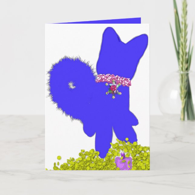 Hanukkah dreidel gelt and blue dog holiday card (Front)