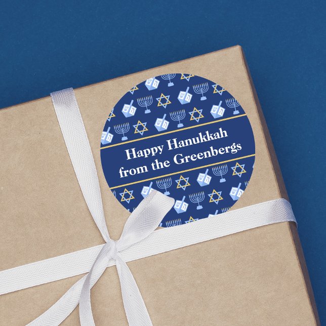Hanukkah Dreidel Menorah Pattern Blue Custom Gift Classic Round Sticker (Creator Uploaded)