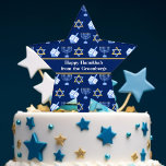 Hanukkah Dreidel Menorah Pattern Blue Custom Party Cake Pick<br><div class="desc">Beautiful Hanukkah cake topper in a dark blue star shape with a cool pattern of Judaism star,  dreidel,  and the Jewish menorah for the Chanukah holiday. Customise this design with your family name.</div>