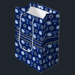Hanukkah Dreidel Menorah Pattern Blue Custom Party Medium Gift Bag<br><div class="desc">Beautiful Hanukkah gift bag in a dark blue star shape with a cool pattern of Judaism star,  dreidel,  and the Jewish menorah for the Chanukah holiday. Customise this design with your family name.</div>