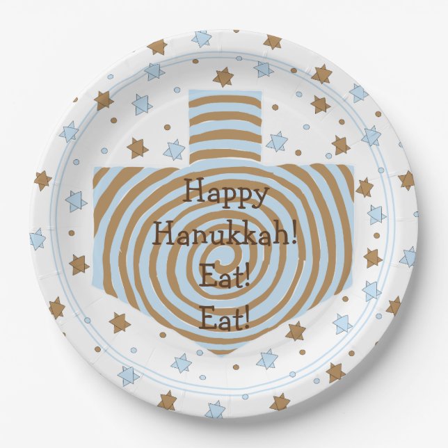 Hanukkah Dreidel Swirl Brown Blue Paper Plates  (Front)