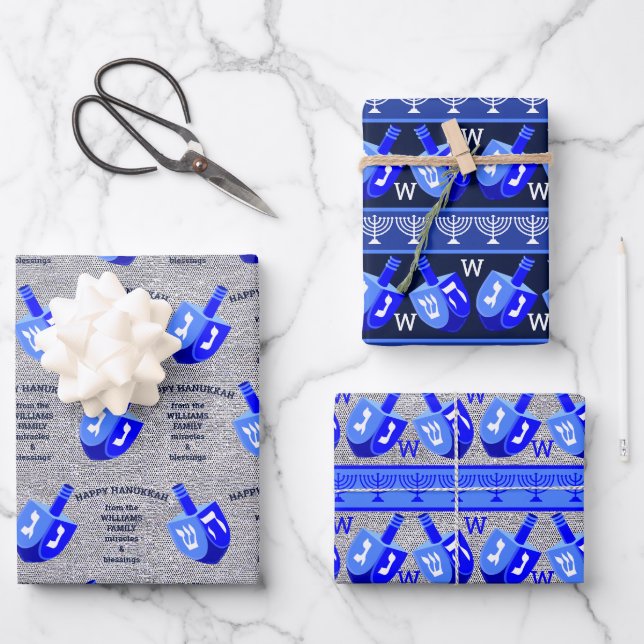 Hanukkah Dreidels Blue Monogram Assortment Wrapping Paper Sheet (Front)