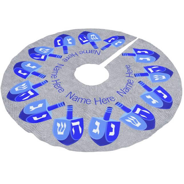 Hanukkah Dreidels Blue Personalised Chrismukkah Brushed Polyester Tree Skirt (Angled)