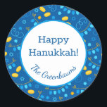 Hanukkah Dreidels Classic Round Sticker<br><div class="desc">These fabulous gift tags would look great on all your Hanukkah gifts.  They are so festive with their pattern with dreidels,  menorahs,  Stars of David,  and gelt.  Trendy yet traditional.  And,  they are customisable with your family name.</div>