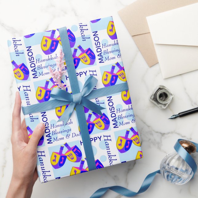 Hanukkah Dreidels Colourful Pattern Personalised Wrapping Paper (Gifting)