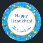 Hanukkah Dreidels Gift Tag<br><div class="desc">These fabulous gift tags would look great on all your Hanukkah gifts. They are so festive with their menorahs, gelt, Hanukkah candles and banners and Stars of David in blue and yellow. Trendy yet traditional. And, they are customisable with your family name.</div>
