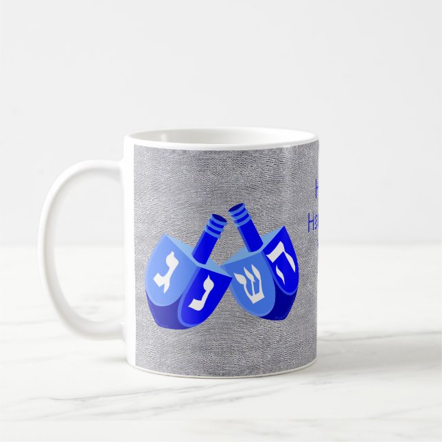 Hanukkah Dreidels In Blue Kids Add Your Name Fun Coffee Mug (Left)
