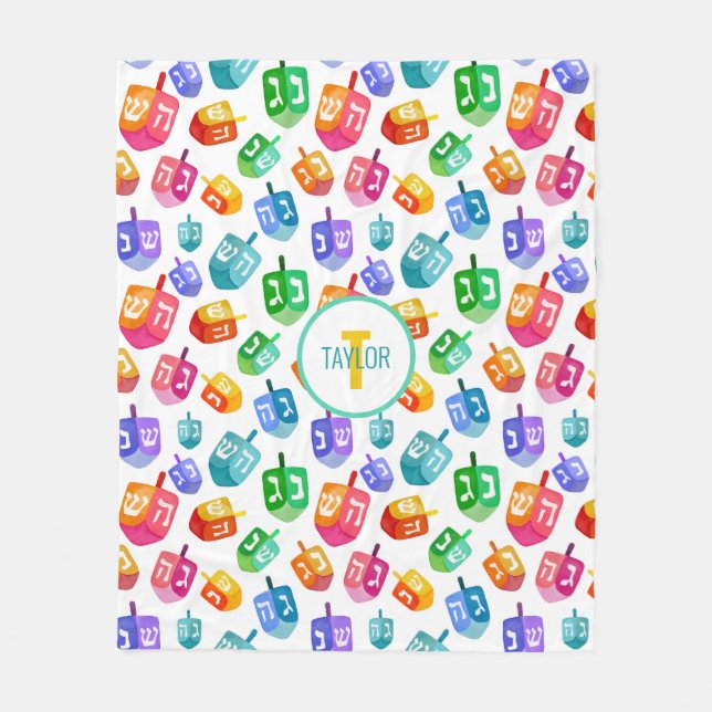 Hanukkah Dreidels Rainbow Watercolor Holiday Fleece Blanket (Front)