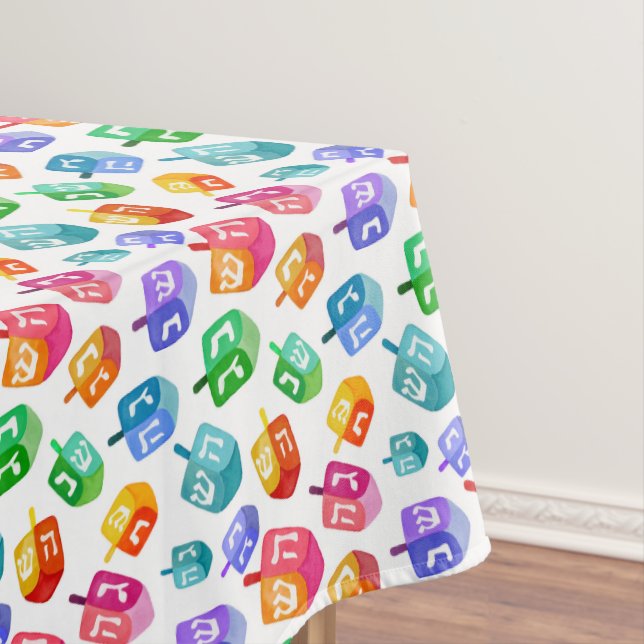 Hanukkah Dreidels Rainbow Watercolor Holiday Tablecloth (In Situ)