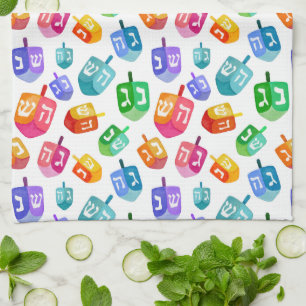 Hanukkah Dreidels Rainbow Watercolor Holiday Tea Towel