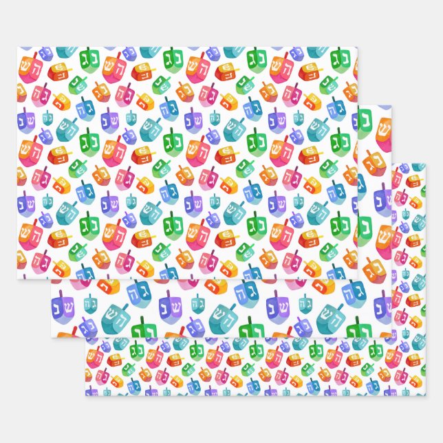 Hanukkah Dreidels Rainbow Watercolor Holiday Wrapping Paper Sheet (Set)
