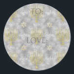Hanukkah Elegant Stickers (1 1/2"/3")<br><div class="desc">Hanukkah/Elegant Holiday stickers. Choose from 1 1/2" and 3" stickers. Personalise by deleting or replacing, "To: Love" with your own message. Choose your favourite font size, style, and colour. Thanks for stopping and shopping by! Your business is very much appreciated! Happy Hanukkah! Shape: Classic Round Sticker Make your unique style...</div>