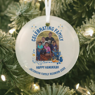 HANUKKAH FAMILY REUNION Customisable Photo  Glass Tree Decoration
