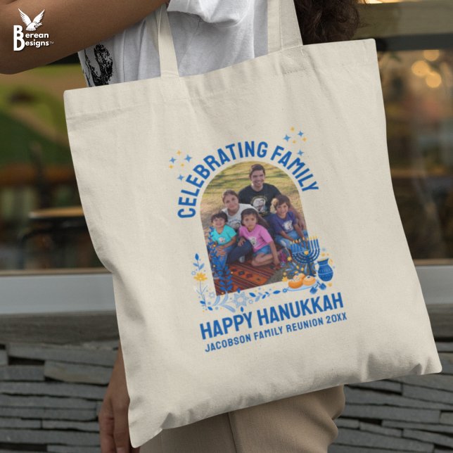 HANUKKAH FAMILY REUNION Customisable Photo  Tote Bag (Customizable CELEBRATING FAMILY Tote Bag for Hanukkah. Ideal favor bag for family reunions.)