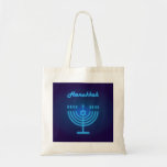 Hanukkah Festival Menorah Logo Tote Bag<br><div class="desc">Happy Hanukkah Festival Menorah Logo decorative blue ornament,  Star of David,  Tote Bag Design. Hanukkah Jewish Holiday Trendy design,  blue neon lights Jewish Holiday festive illustration for Accessories,  Bags & Wallets ,  Totes & Shopping Bags,  Tote Bags,  Hanukkah Sign. Israel Jerusalem 2023 Celebrate 75th Anniversary</div>