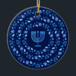 Hanukkah Festival of Lights Party Mandala Blue Ceramic Ornament<br><div class="desc">Happy Hanukkah Festival of Lights Party Mandala navy blue colour decoration . Hanukkah Celebration - design for Home > Home Décor > Christmas Décor > Ornaments. Trendy design blue colour, traditional Chanukah symbols - wooden dreidels (spinning top), doughnuts, Hanukkiah - menorah - hanukkiah, candles, Blue star of David, Israeli flag...</div>