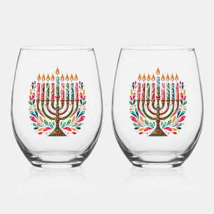 Hanukkah Festival Of Lights Stemless Wine Glass