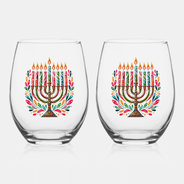 Hanukkah Festival Of Lights  Stemless Wine Glass (Front)