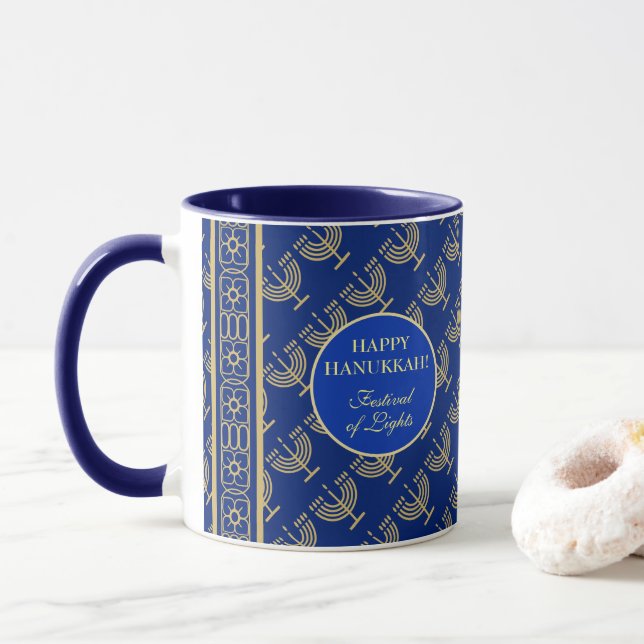 Hanukkah Festival Party Gold Menorah blue pattern Mug (With Donut)