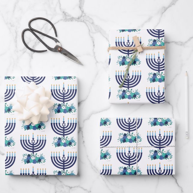 Hanukkah Floral Menorah Wedding Flowers Wrapping Paper Sheet (Front)