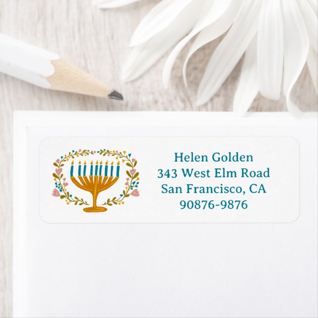 HANUKKAH Floral Wreath Menorah Return Address Label (Insitu)