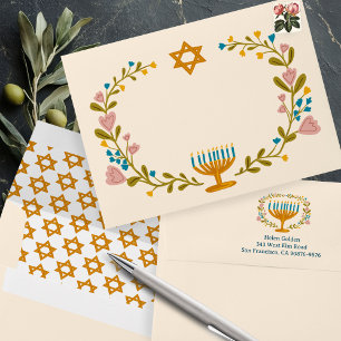 HANUKKAH Floral Wreath Menorah w Return Address Envelope