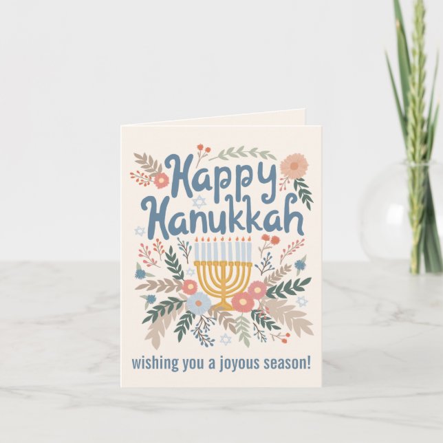 Hanukkah FLorals Hand-drawn Art CUSTOM 4 PHOTO Holiday Card (Front)