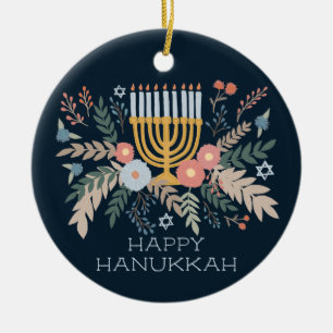 Hanukkah FLorals Hand-drawn Art CUSTOM PHOTO Ceramic Ornament