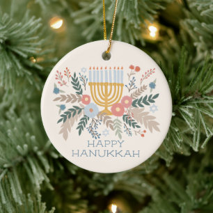 Hanukkah FLorals Hand-drawn Art CUSTOM PHOTO Ceramic Ornament