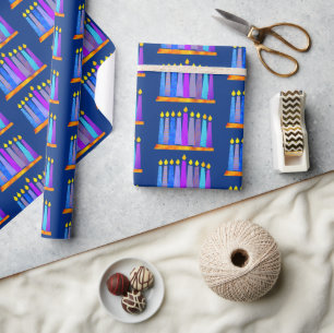 Hanukkah Fun Artsy Blue Boho Pattern Candles Blue Wrapping Paper