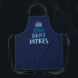 Hanukkah Fun "Love Light Latkas" Apron<br><div class="desc">Fun typography & awesome blues with this Hanukkah "Love,  Light,  Latkes" Apron!
Available in 3 sizes for adults,  young adults,  children
Each size is adorned with a sublimated neck strap and adjustable waist string 
Material: 100% Polyester
Machine Washable</div>