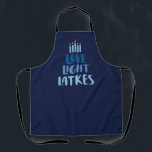 Hanukkah Fun "Love Light Latkas" Apron<br><div class="desc">Fun typography & awesome blues with this Hanukkah "Love,  Light,  Latkes" Apron!
Available in 3 sizes for adults,  young adults,  children
Each size is adorned with a sublimated neck strap and adjustable waist string 
Material: 100% Polyester
Machine Washable</div>