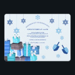Hanukkah Gift Exchange Party Invitation<br><div class="desc">Start the fun of your Hanukkah party with this delightful invitation featuring dangling Stars of David, presents wrapped in blue, snowflakes and dreidels. (Designed by Freepik). (Designed by Freepik). The card is easy to customise with your wording, font, font colour, paper shape options and choice of six paper types.Not exactly...</div>