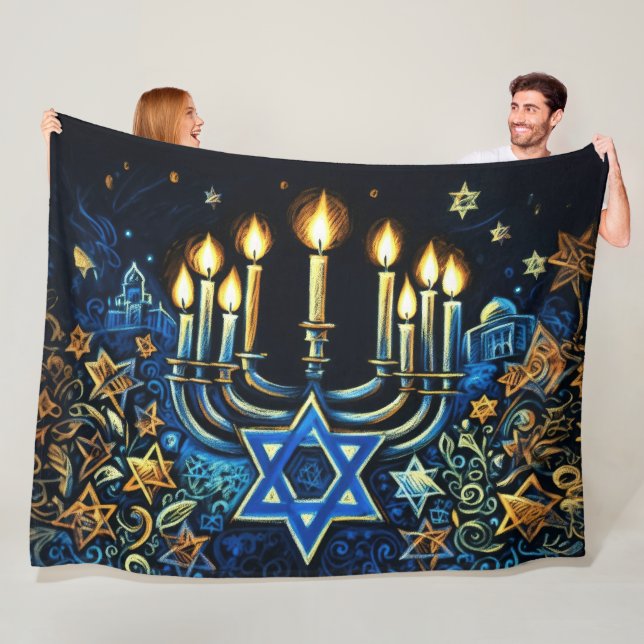 Hanukkah Gift Menorah Pastel Drawing Fleece Blanket (In Situ)