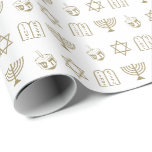 Hanukkah gold and white jewish holiday pattern wrapping paper<br><div class="desc">Elegant Star of David,  Hebrew Magen David,  Dreidel,  menorah,  Torah,  faux gold and white pattern gift wrapping paper.
Faux gold pattern on white background.

This wrapping paper is great for Hanukkah,  Chanukah,  bar mitzvah,  bat mitzvah,  Shabbat and Jewish Holidays.</div>