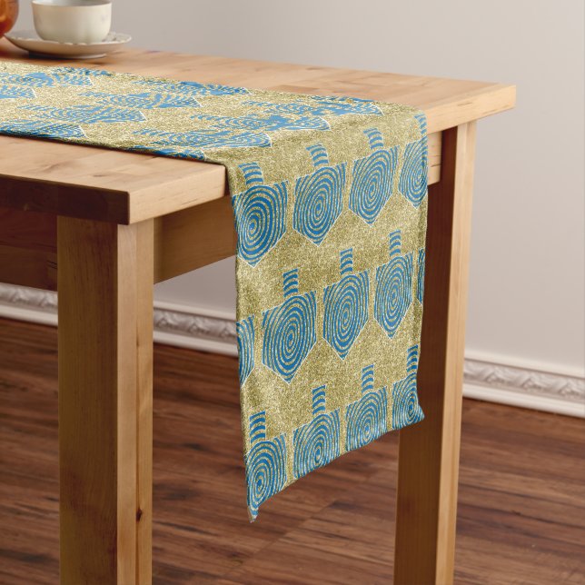 Hanukkah "Gold Blue Dreidels" 14 x 72 Short Table Runner (In Situ)