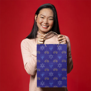 Hanukkah Gold Dreidel Star of David Menorah Blue Medium Gift Bag