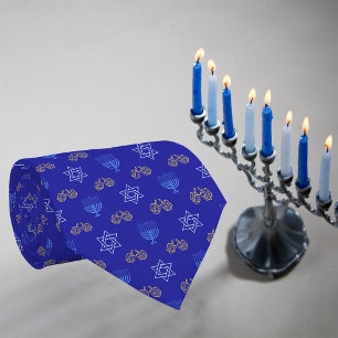 Hanukkah Gold Dreidel Star of David Menorah Blue Tie