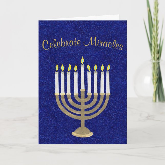 Hanukkah Gold Menorah Celebrate Miracles Elegant Holiday Card (Front)
