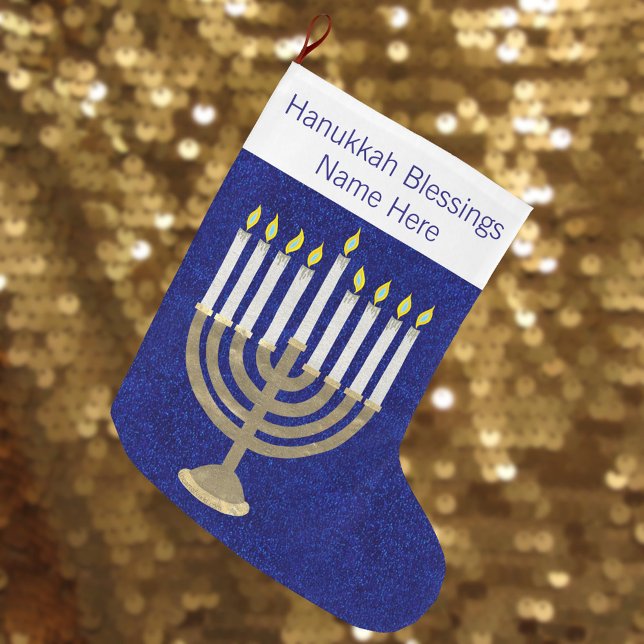 Hanukkah Gold Menorah Elegant Chrismukkah Large Christmas Stocking (It's easy to add a name to this gold tone menorah Hanukkah Christmas stocking)